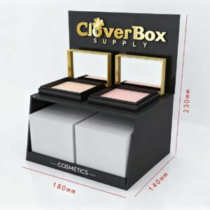 Custom Black Acrylic Counter Display Stand for Powder Cosmetics with Storage Compartment