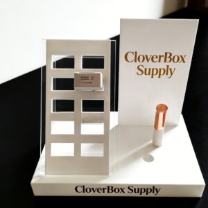 Custom White & Clear Acrylic Cosmetic Display Stand with Branding (For Lipstick & Skincare Merchandising)