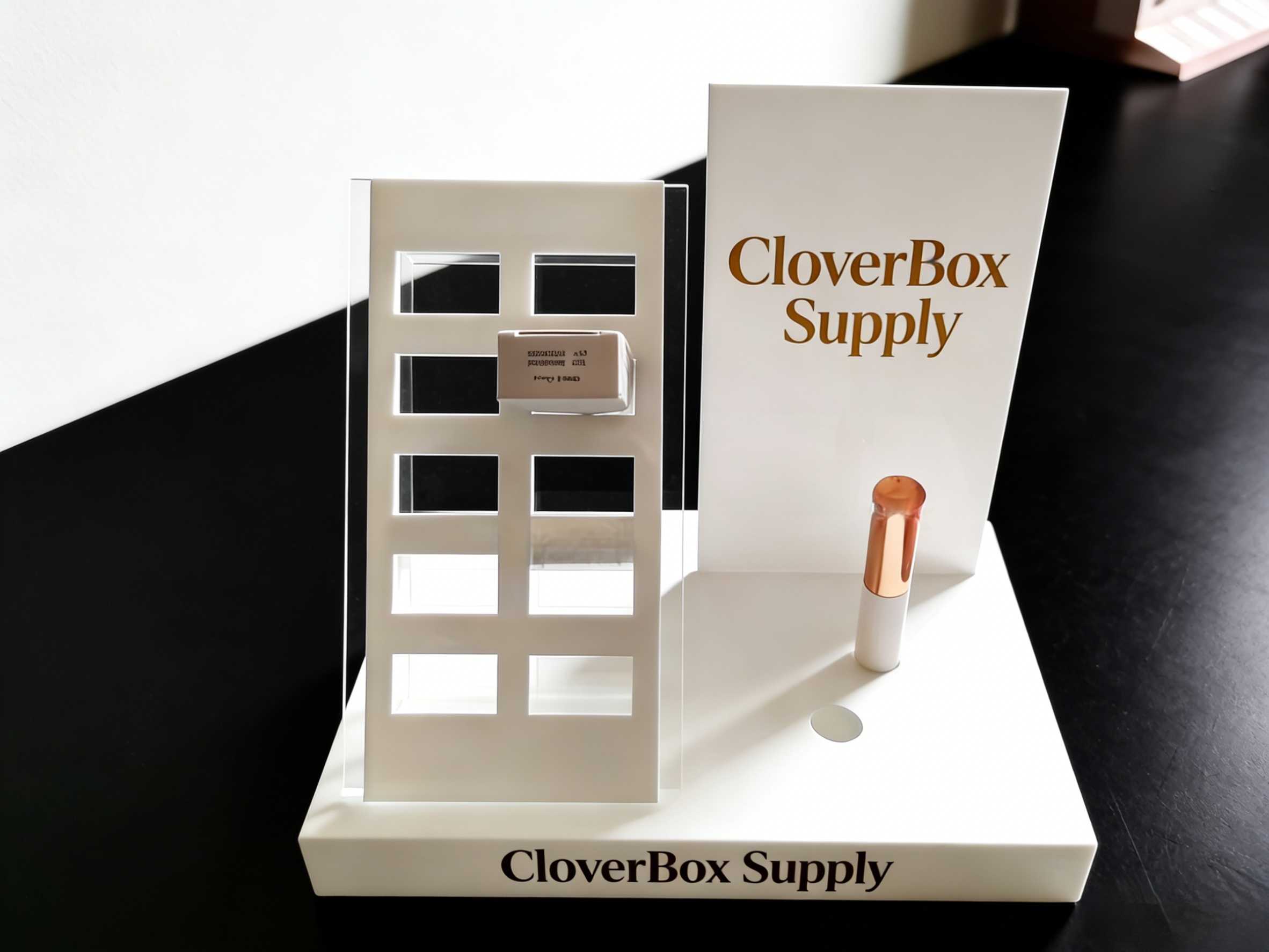 Custom White & Clear Acrylic Cosmetic Display Stand with Branding (For Lipstick & Skincare Merchandising)