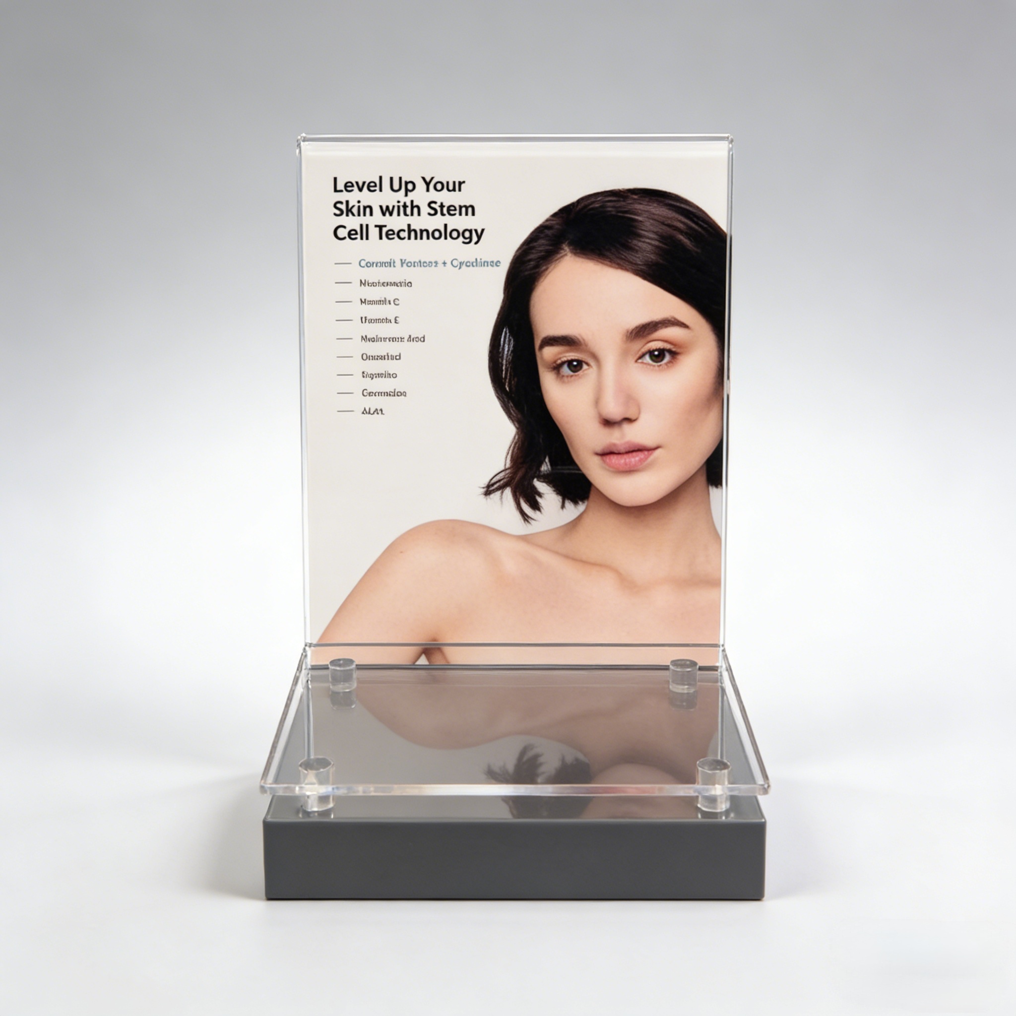 Custom Acrylic Countertop Display Stand with Black Base & Clear Poster Frame (For Beauty & Skincare Merchandising)