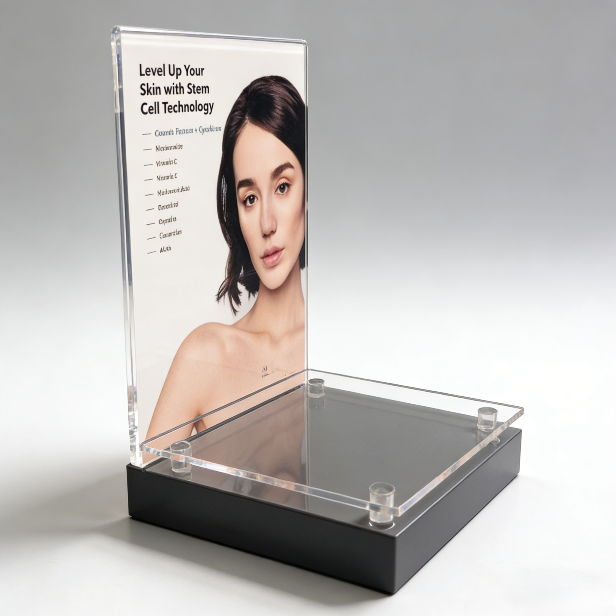 Custom Acrylic Countertop Display Stand with Black Base & Clear Poster Frame (For Beauty & Skincare Merchandising) - Image 2