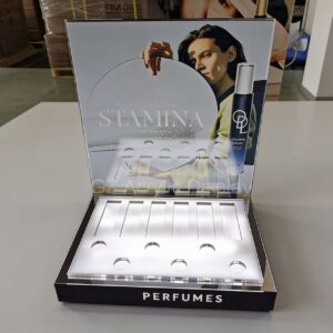 Custom LED Illuminated Acrylic Perfume Display Stand with Backboard