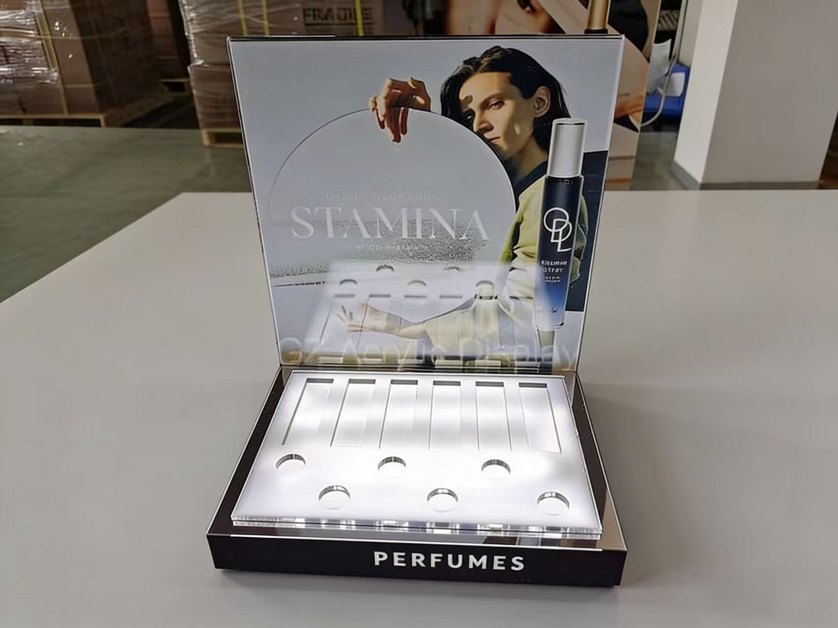 Custom LED Illuminated Acrylic Perfume Display Stand with Backboard