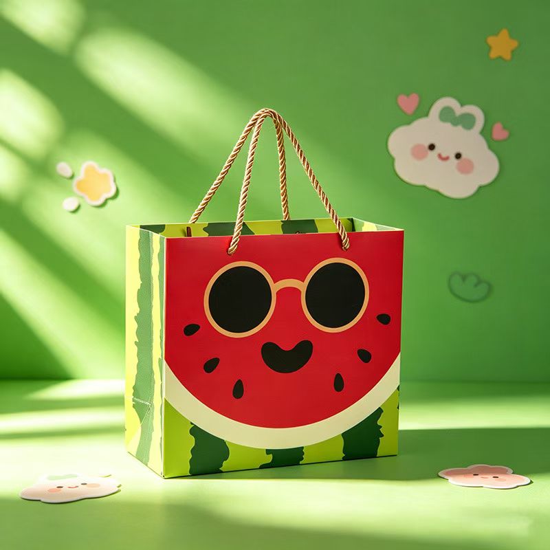 Custom Cute Watermelon Cartoon Paper Gift Bag with Twine Handles (For Kids Party & Summer Gift)